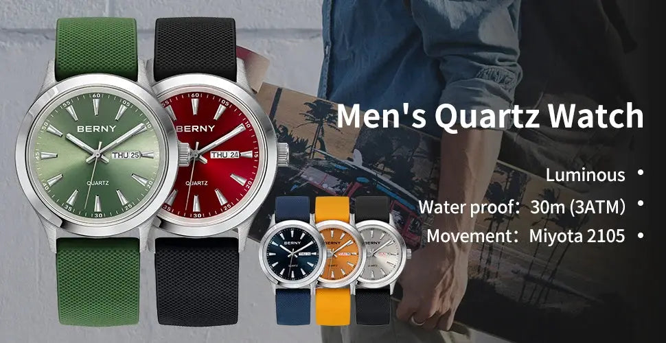 BERNY men's quartz watches set with luminous dials; green and red face models with silicone straps (6 watches)