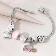 Obega Love Heart Flower Glass Pendant Charm Bracelet Pink White Crystal Stone Adjustable Bead Jewelry Silver Gold Color
