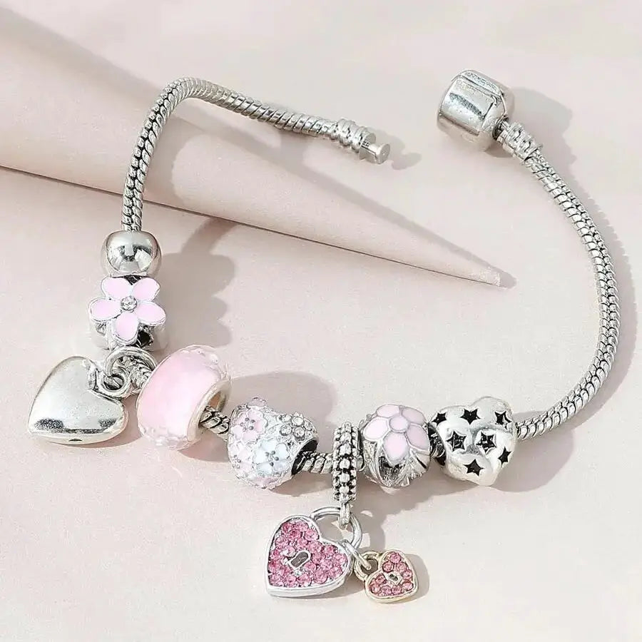 Obega Love Heart Flower Glass Pendant Charm Bracelet Pink White Crystal Stone Adjustable Bead Jewelry Silver Gold Color