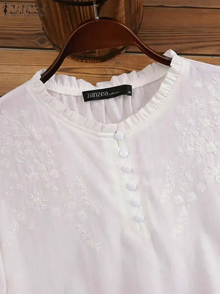 ZANZEA Summer Vintage Womens Blouse O Neck ThreeQuarter Sleeve Cotton