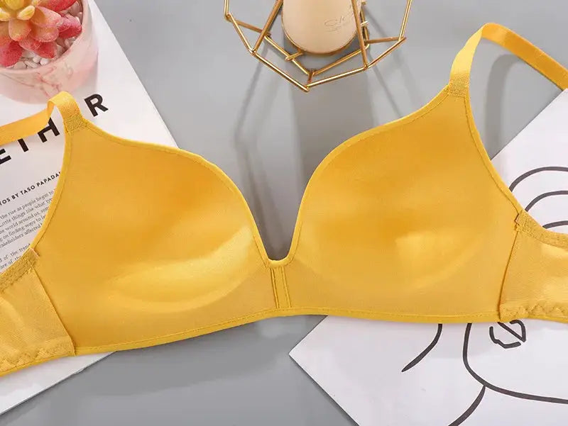 Women’s seamless no-wire push-up bra in bright yellow with breathable thin cups for everyday wear