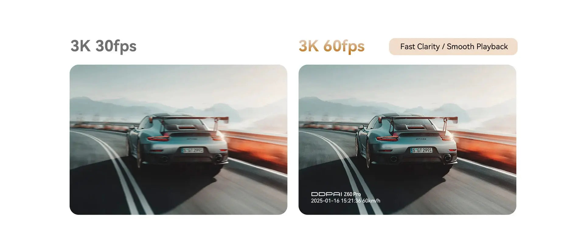 DDPAI Z60 Pro 4K dash cam; side-by-side 3K 30fps vs 3K 60fps car footage of a blue sports car on a highway