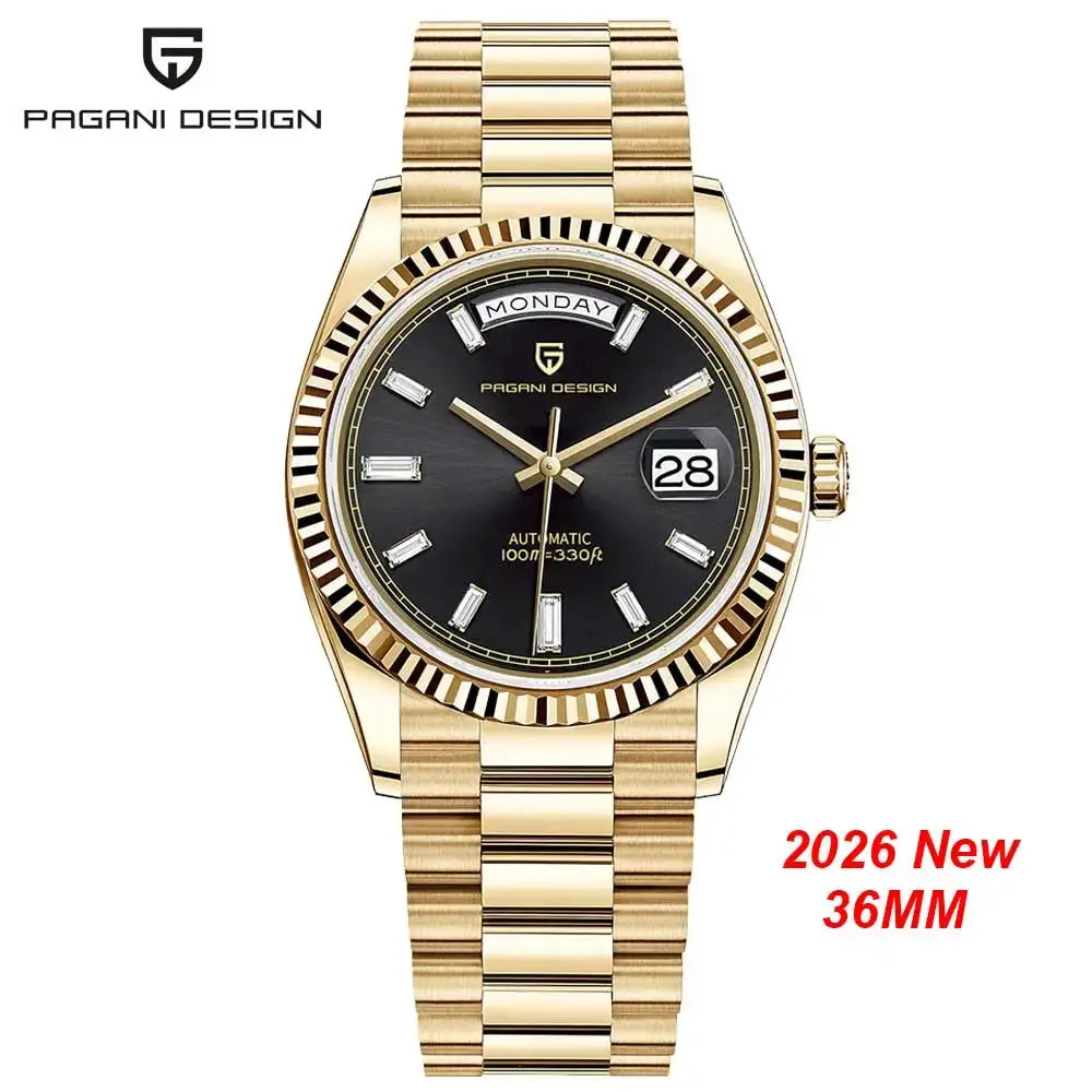 Pagani Design men's gold-tone automatic wristwatch with black dial, day/date window, fluted bezel, gold bracelet