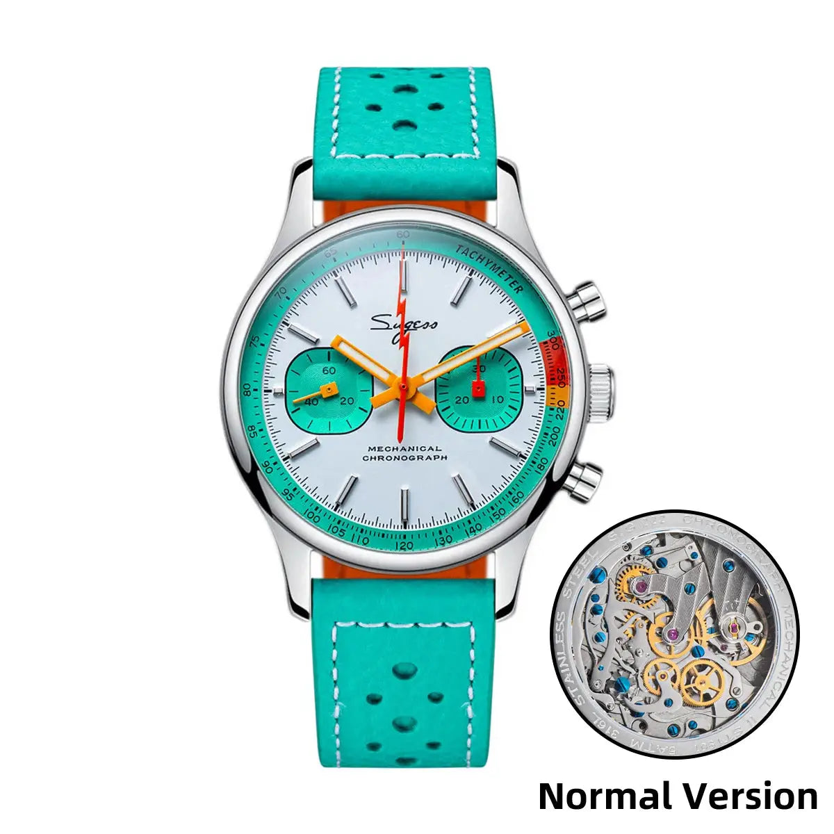 Sugess chronograph watch for men with turquoise strap, white dial, turquoise subdials, orange hands, sapphire crystal
