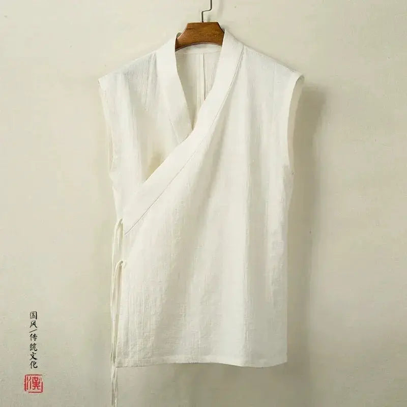 Men's white Hanfu vest with wrap crossover front, sleeveless linen-cotton top in traditional Tang/Kimono style