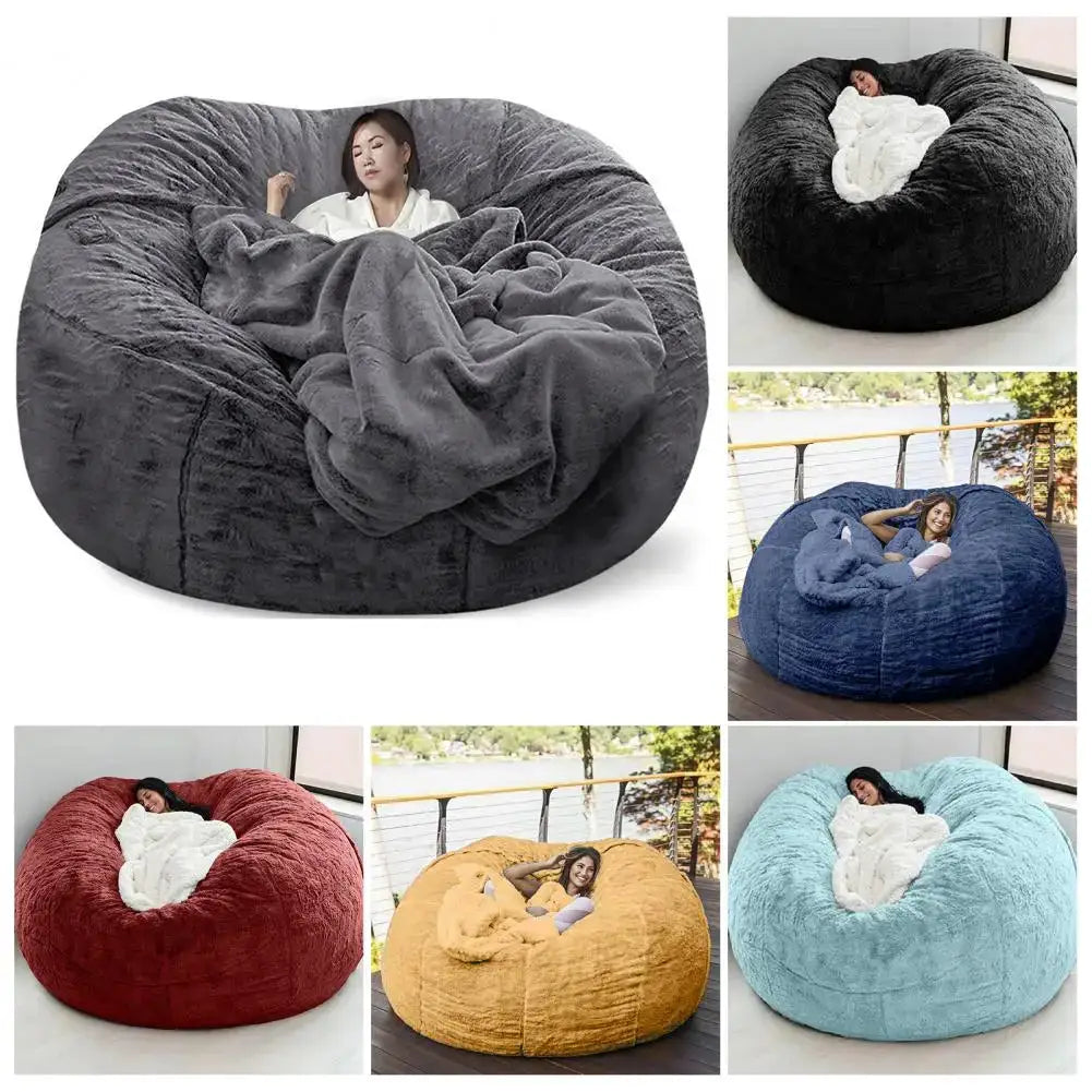 Giant bean bag sofa chair by Simples Market; six colorways shown in gray, blue, red, mustard, teal and black