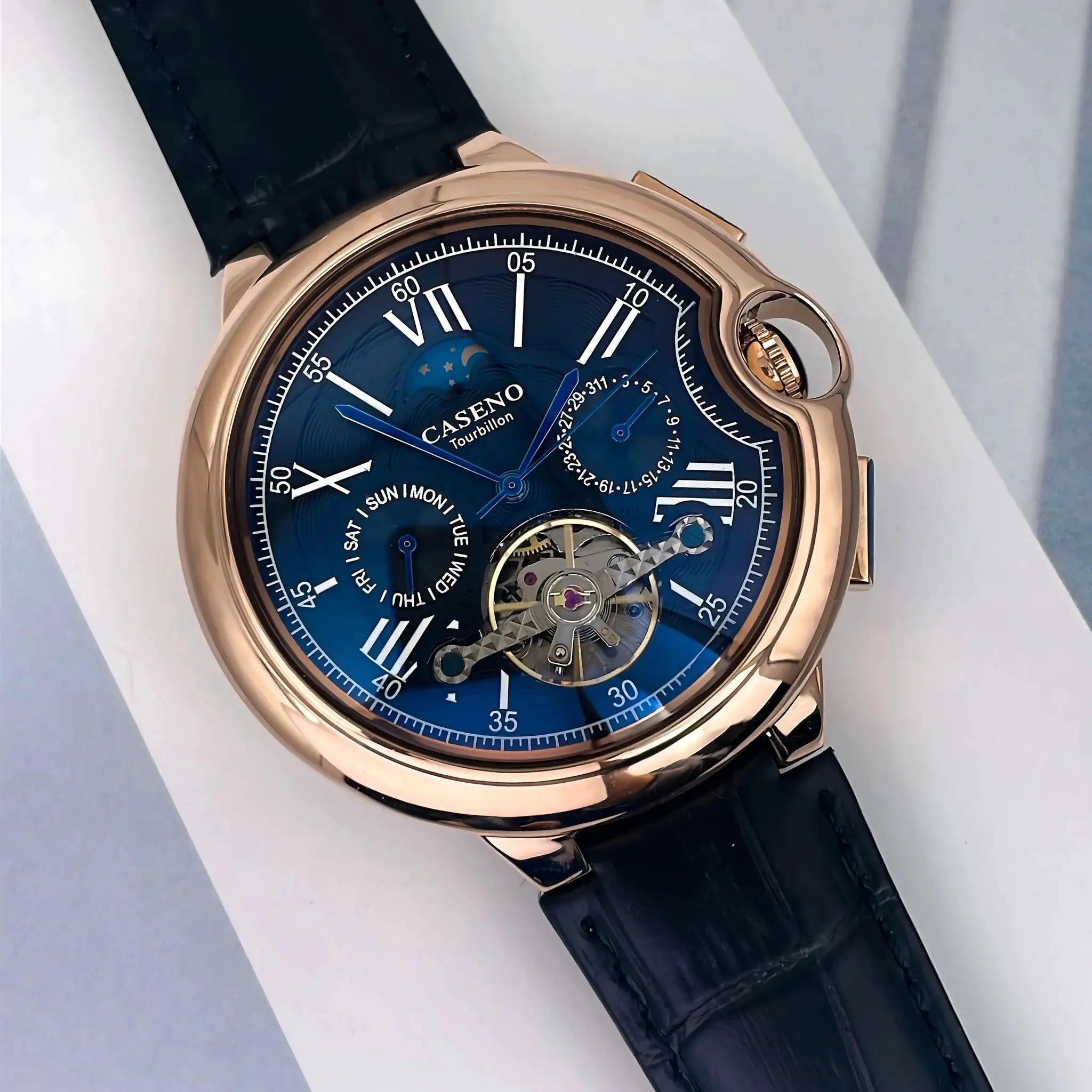 CASENO Star Roman Grand men's fully automatic tourbillon watch with blue dial, rose gold case, black leather strap
