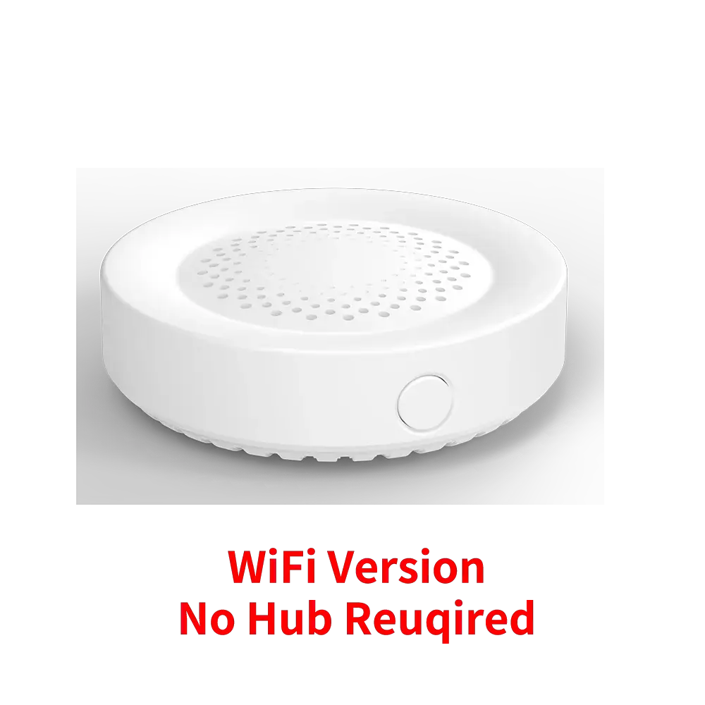 Smart siren alarm, white circular device with perforated top and side button