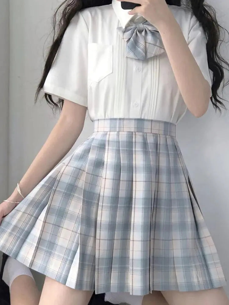 ZOKI plaid women's pleated high-waist skirt by Simples Market, light blue plaid