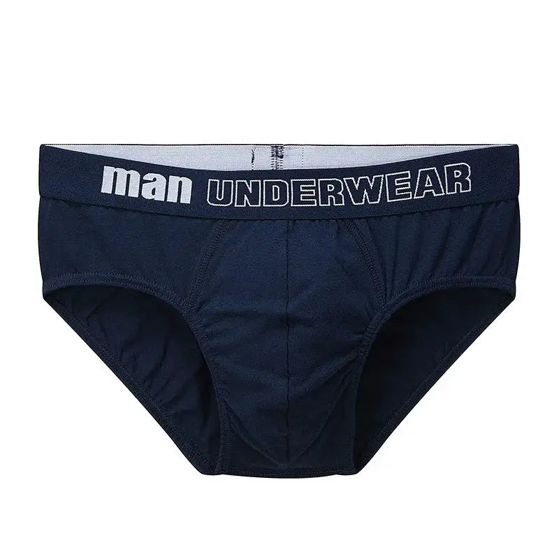 Men's navy cotton briefs with elastic waistband reading man UNDERWEAR
