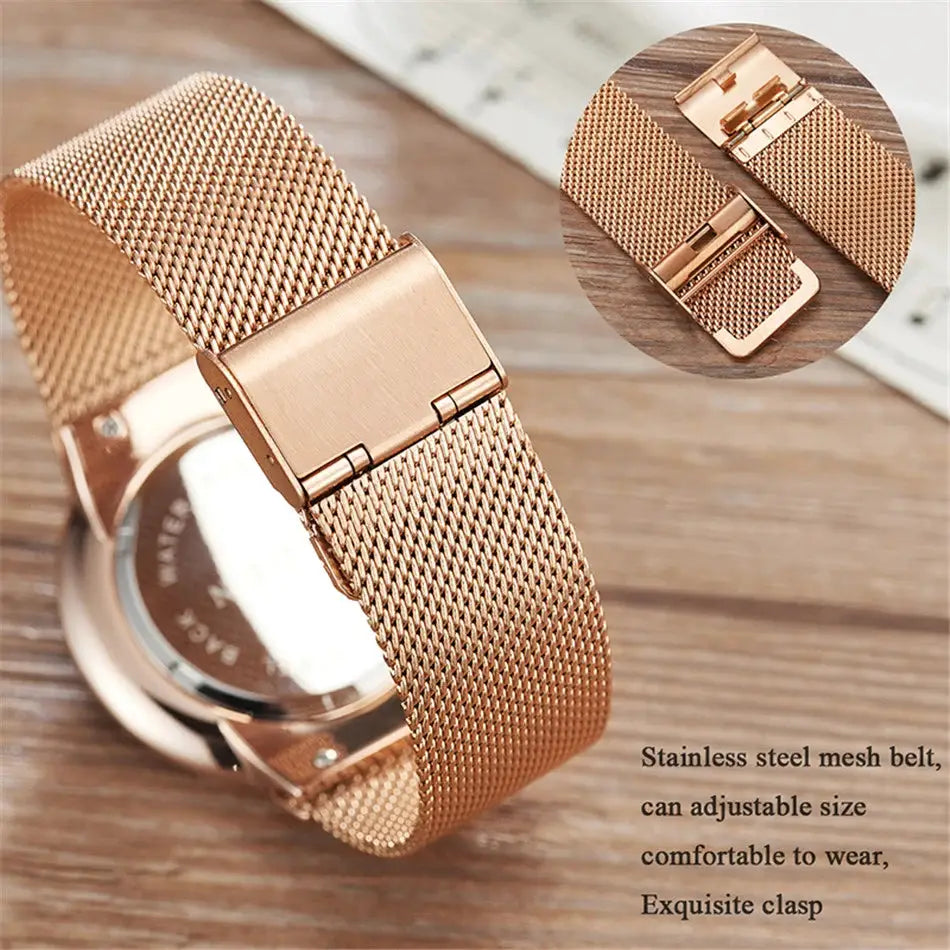 Women's rose gold stainless steel mesh watch with adjustable clasp by Simples Market