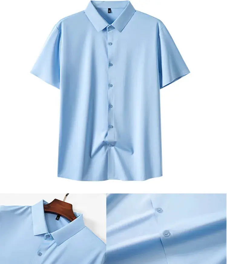 Men's light-blue short-sleeve dress shirt with button-front for office wear