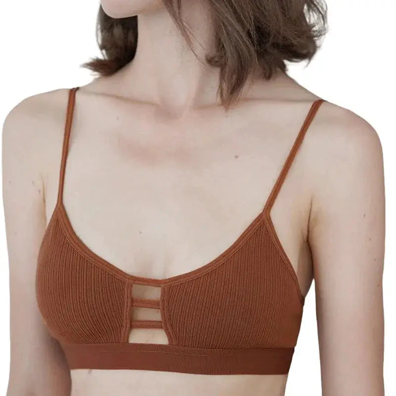 Women's ribbed hollow-out wireless bralette in rust with thin straps