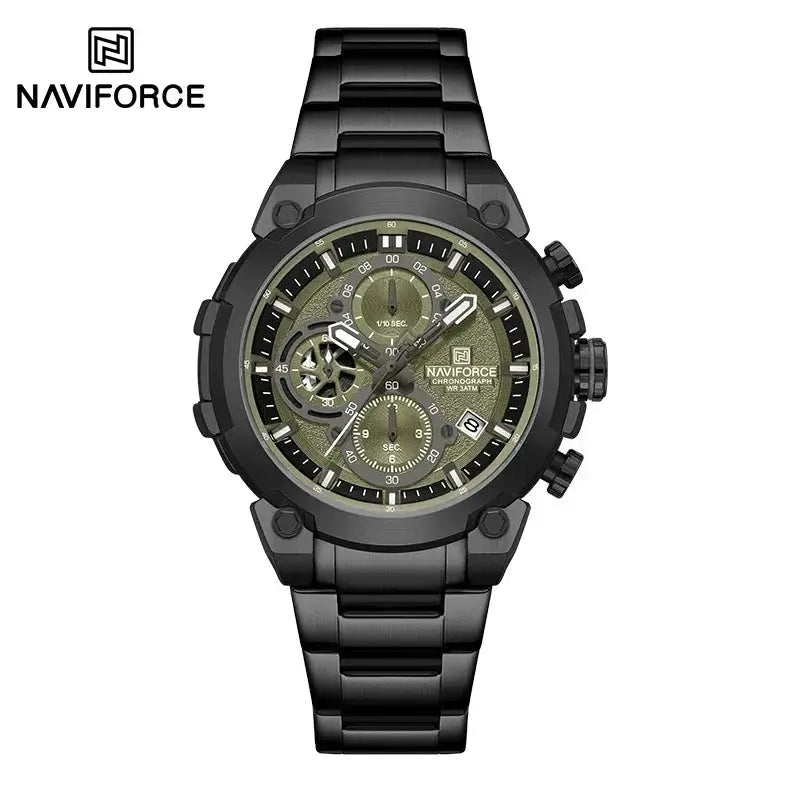 NAVIFORCE men's military-style chronograph watch with black stainless steel bracelet and olive dial