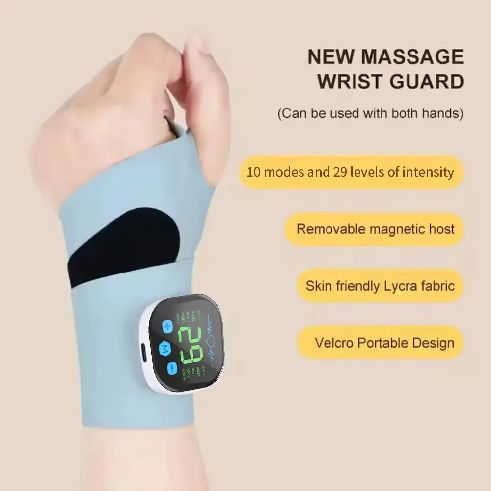 EMS Electric Cordless Hand Wrist Massager with blue Lycra fabric and digital display