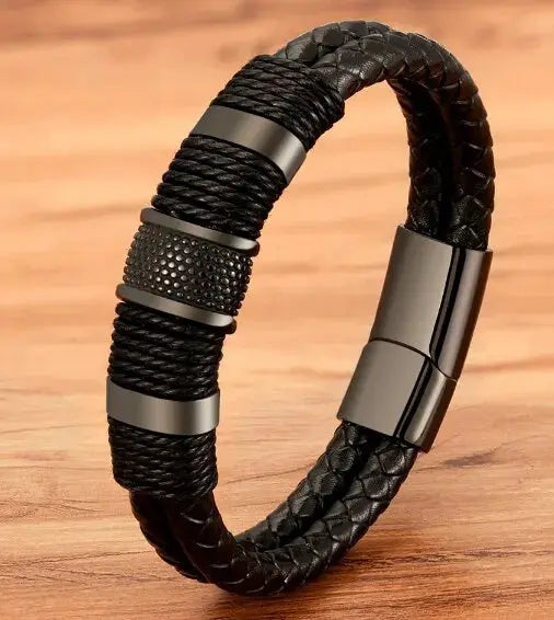 Vintage Woven Leather Rope Wrap Bracelets for Men with Stainless Steel Accents Punk Wristband Jewelry Gift