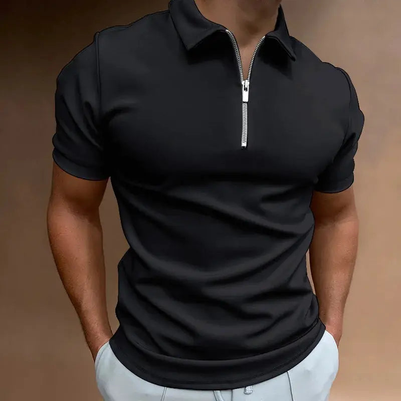 Men's black polo shirt with short sleeves, zip placket, turn-down collar; Simples Market