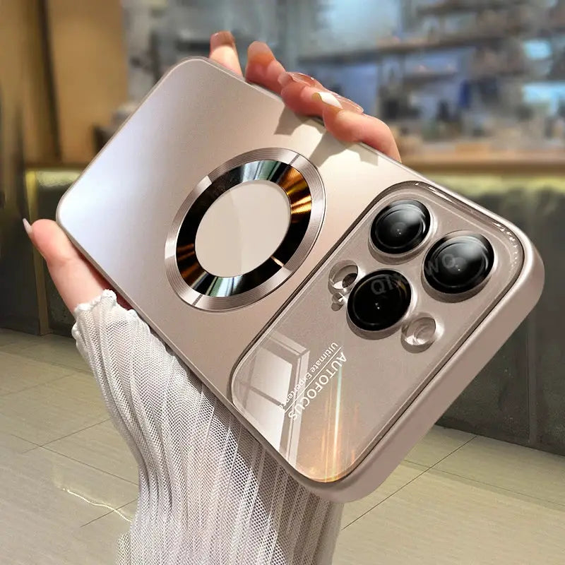 Simples Market luxury glass MagSafe camera case for iPhone 11–17 Pro Max, champagne gold, circular ring, triple-camera