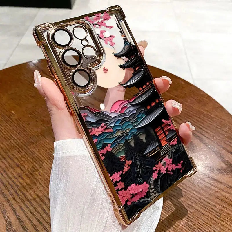 Japanese-style ancient house airbag case with pagoda, cherry blossoms, and waves on rose-gold bumper for Samsung Galaxy