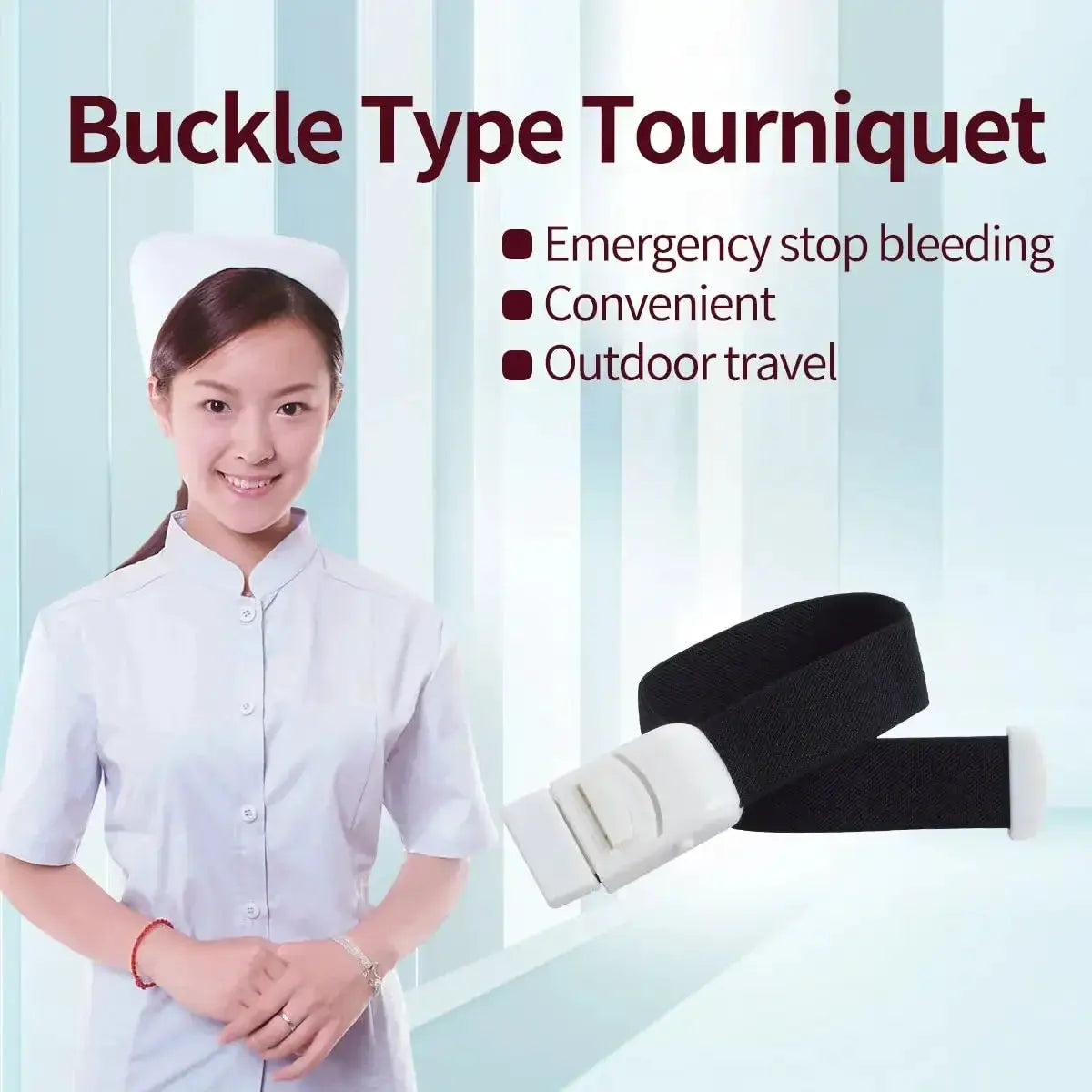 Emergency buckle-type tourniquet belt by Simples Market; black nylon strap with white plastic buckle