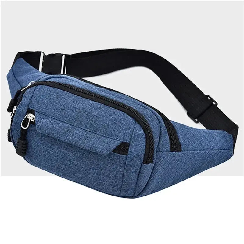 Waist bag by Simples Market, blue denim belt bag with multiple zip pockets and adjustable strap