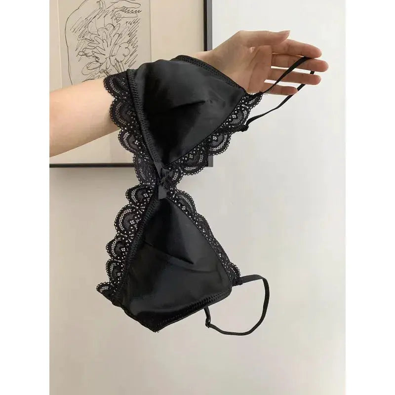 SP&CITY black satin triangle-cup lace bra for small-chested women, Simples Market, breathable and soft
