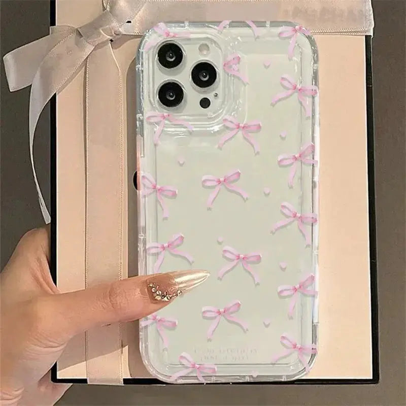CharmCase Pink Heart Bow Phone Case Shockproof TPU For iPhone 11 Pro Max To iPhone 17 Pro Soft Clear Grip