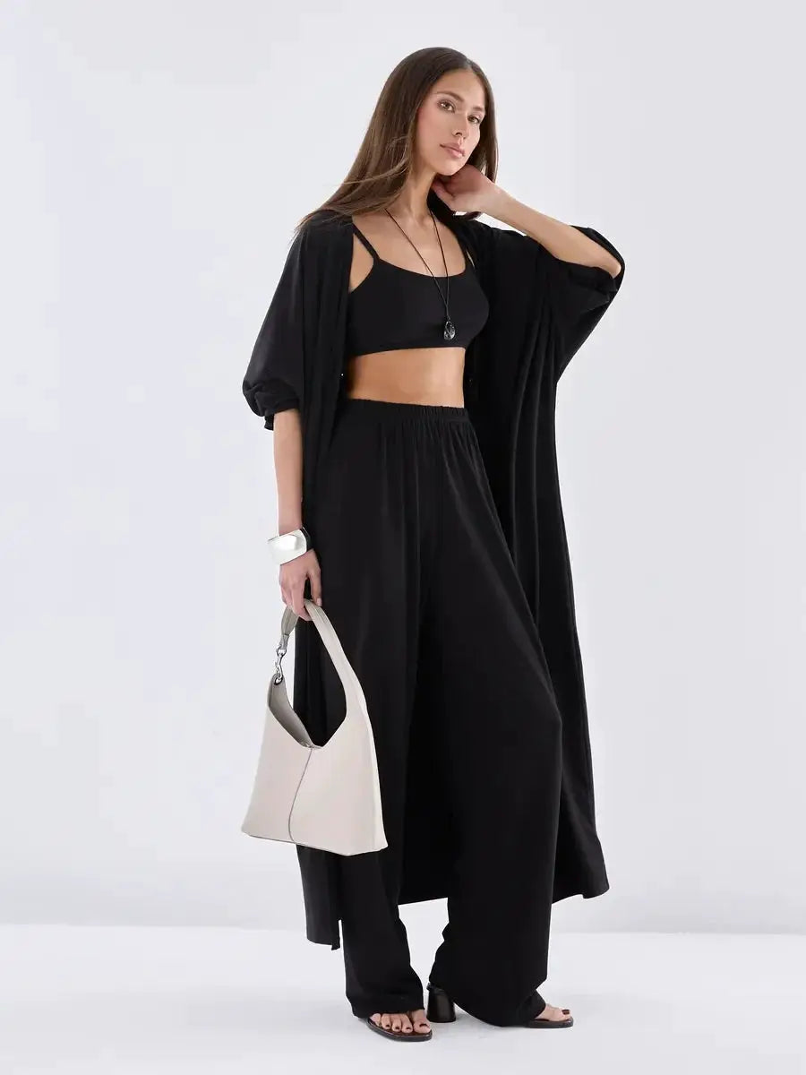 Modal Three Piece Women Set Long Sleeve Cardigan Vest High Waist Pants
