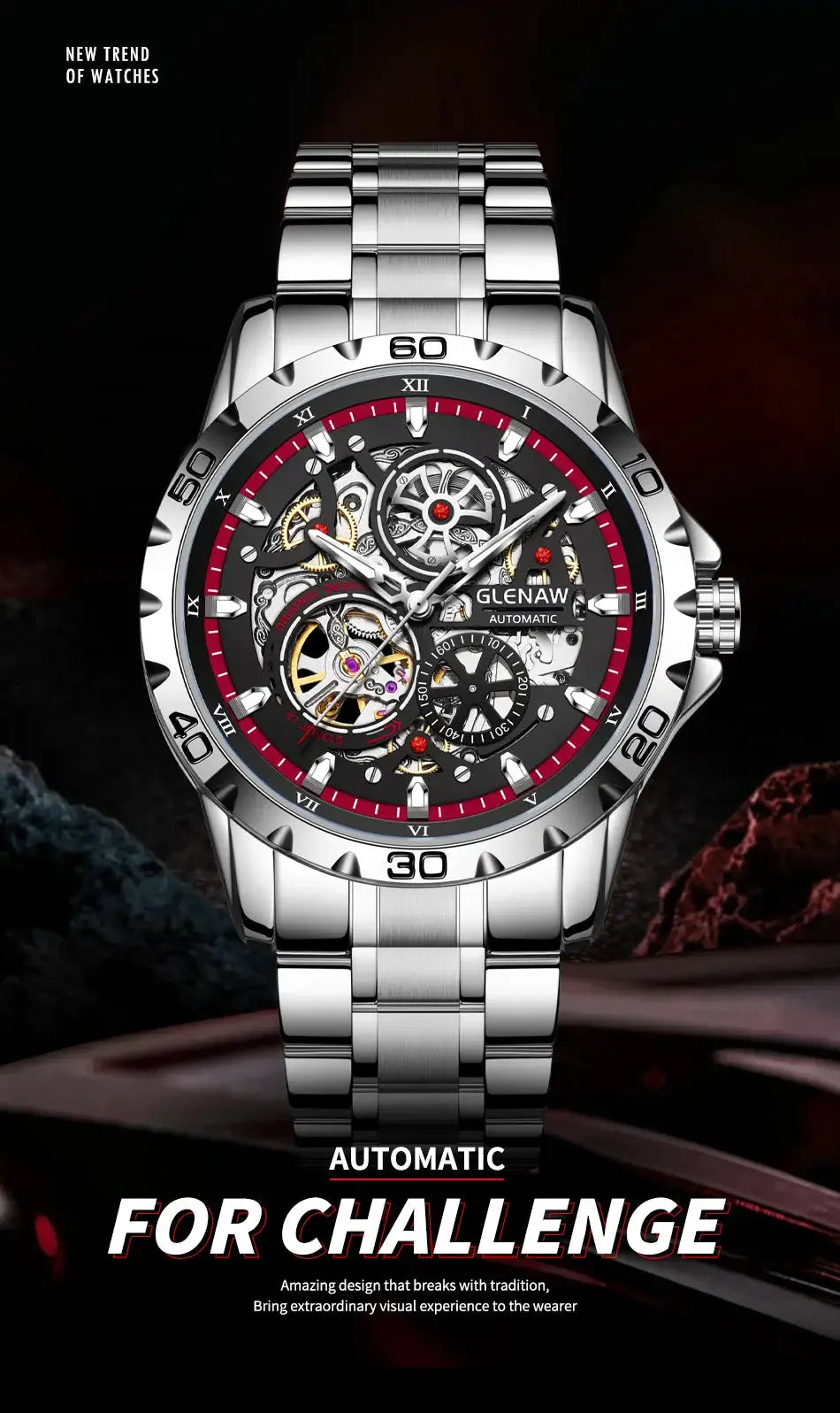 GLENAW skeleton automatic men's wristwatch with stainless steel bracelet and red-accented skeleton dial