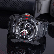SMAEL military sport wristwatch for men in black with analog-digital dial and red accents.