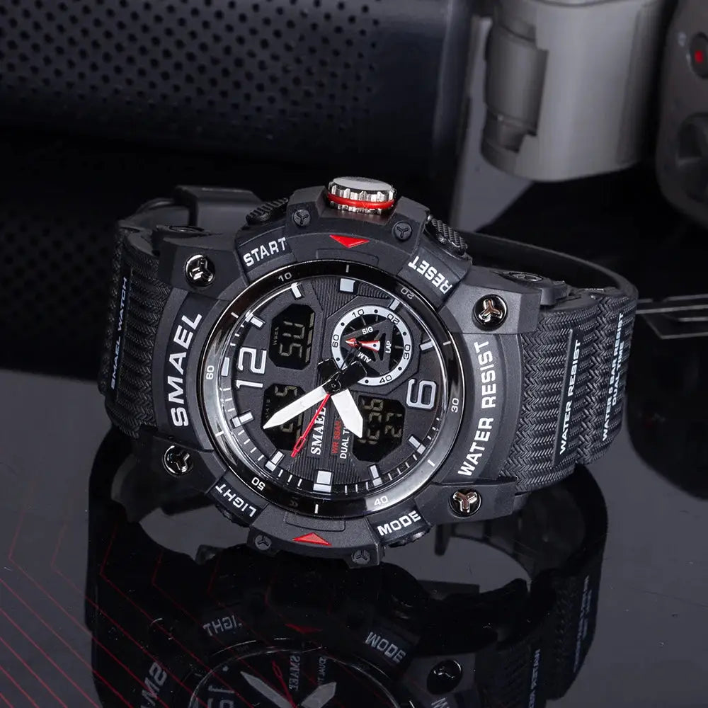 SMAEL military sport wristwatch for men in black with analog-digital dial and red accents.