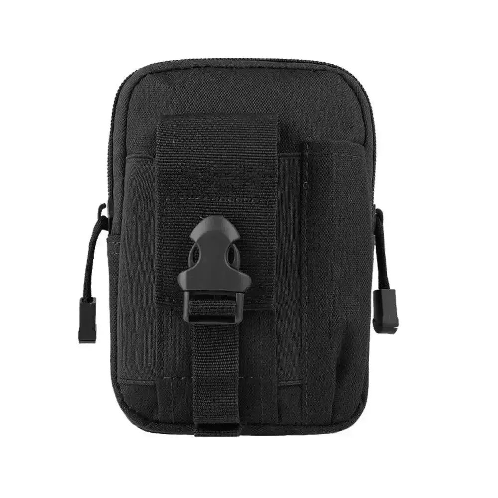 Leg waist pack tactical belt bag, black nylon with front strap and plastic buckle clip