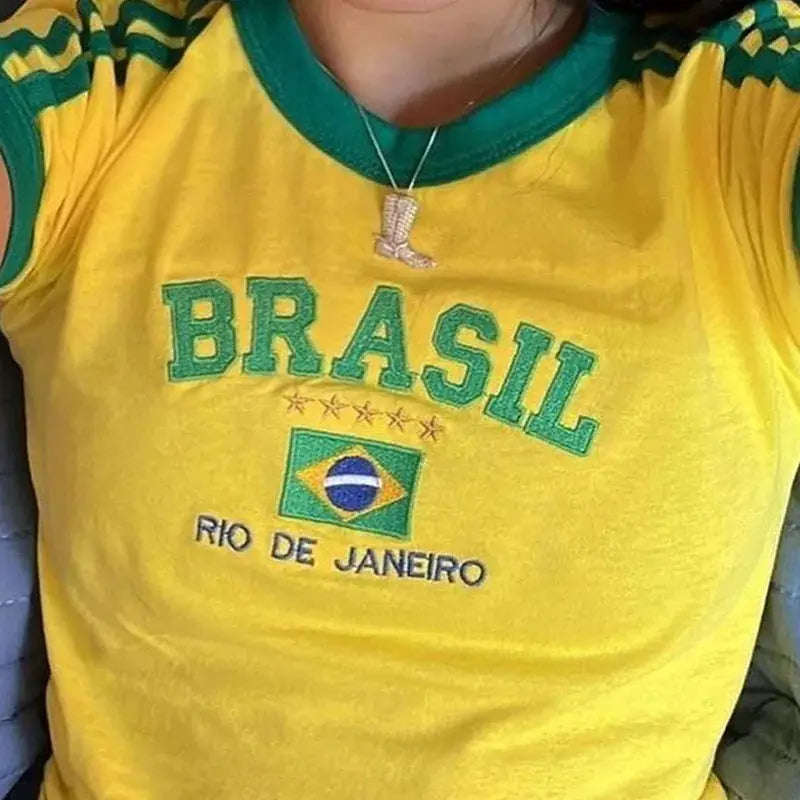 Womens Aesthetic Brasil Letter Print T Shirt And Shorts Set Y2K Grunge