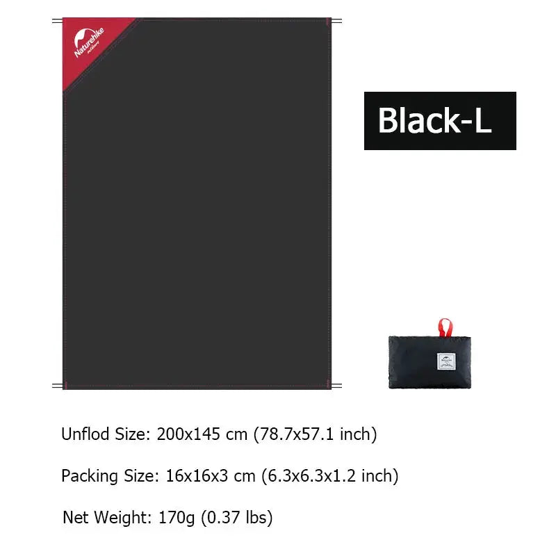Naturehike black pocket beach mat, unfolds to 200x145 cm, with compact carry pouch