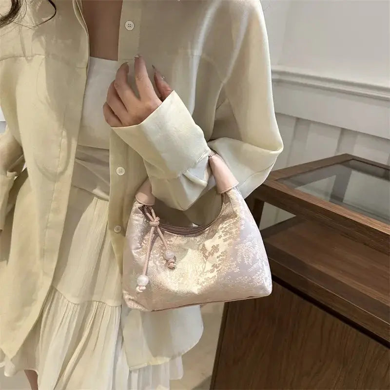 Handbag pink metallic fabric with embroidery and tassel bead charm, women’s tote