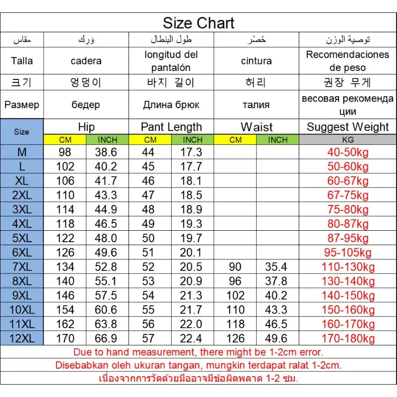 Simples Market men's plus-size shorts size chart (M–12XL) detailing hip, waist and pant length.