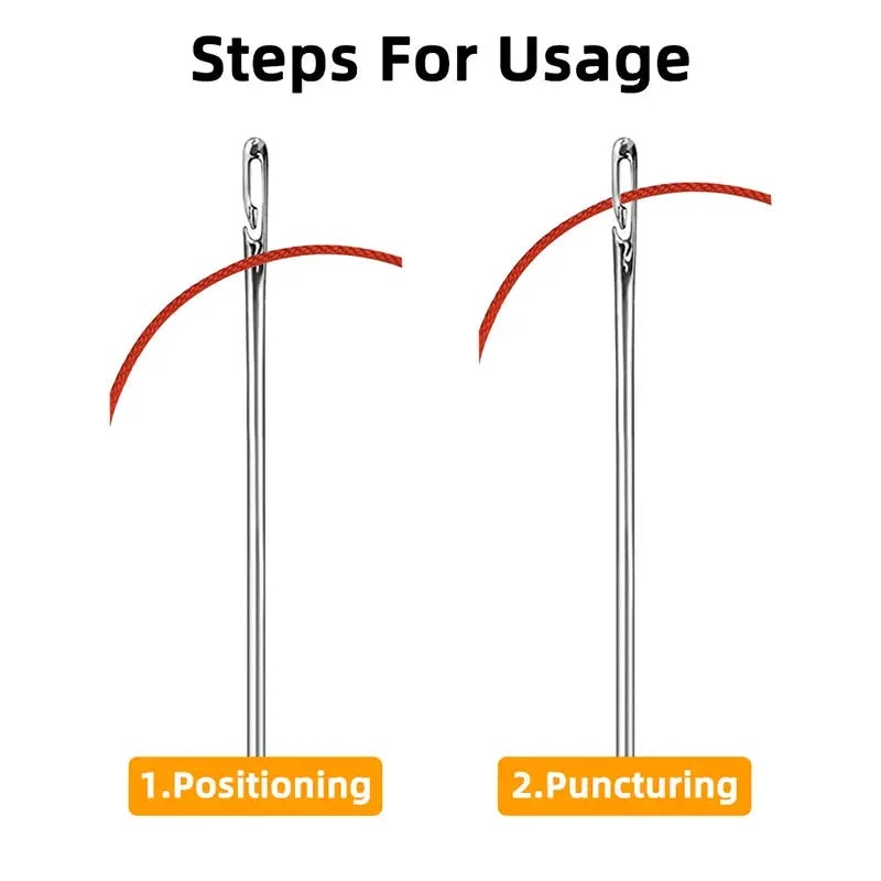 Stainless steel blind needles; two shown with red thread demonstrating positioning and puncturing steps.