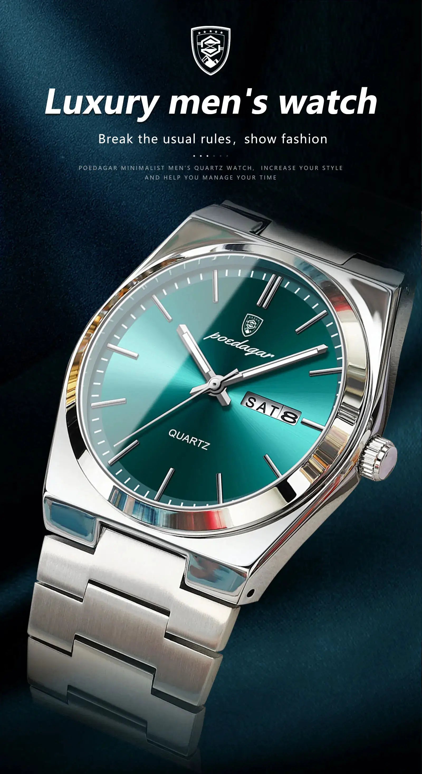 POEDAGAR luxury men's stainless steel quartz watch with teal dial and day/date display