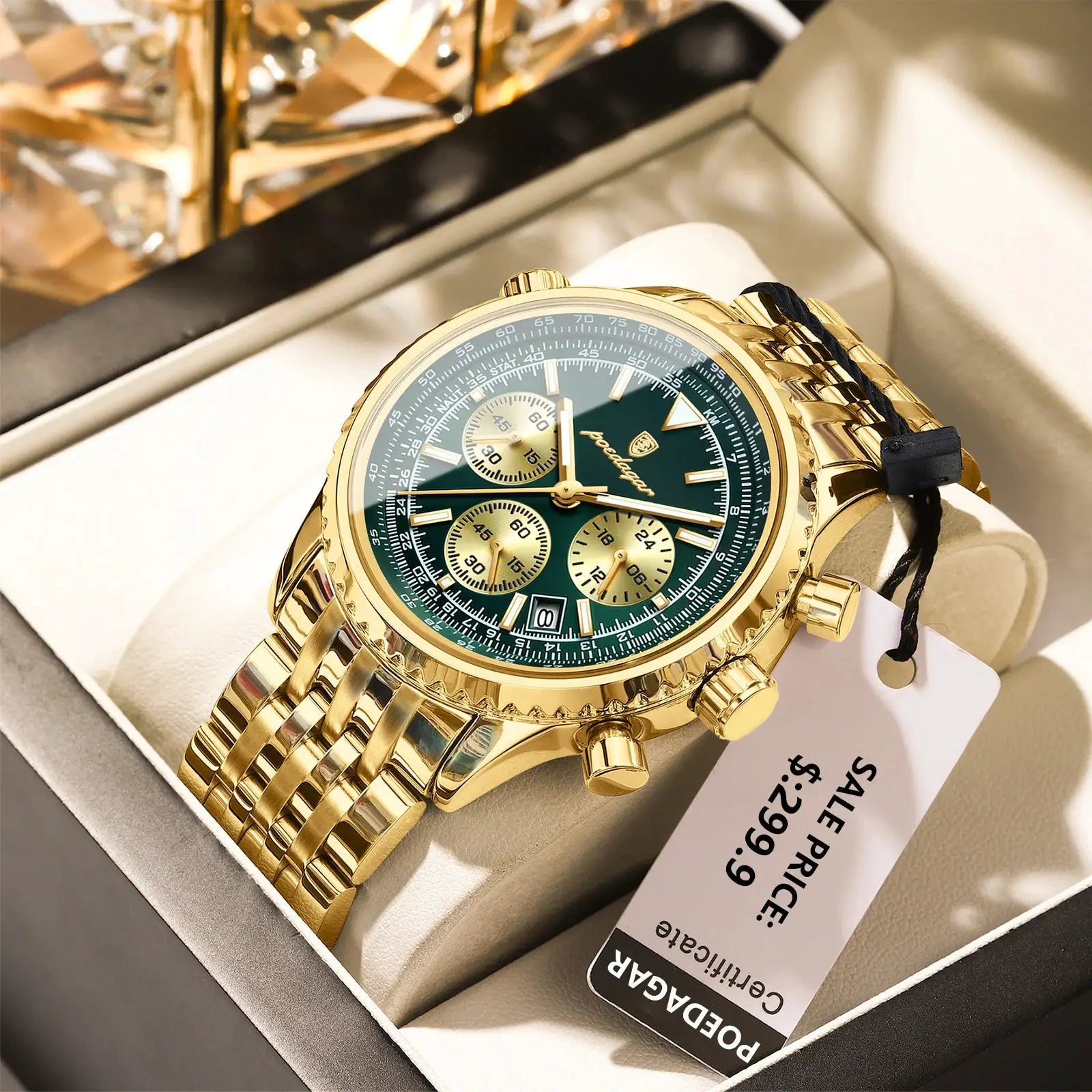 POEDAGAR men's luxury chronograph watch, gold-tone stainless steel with green dial and subdials