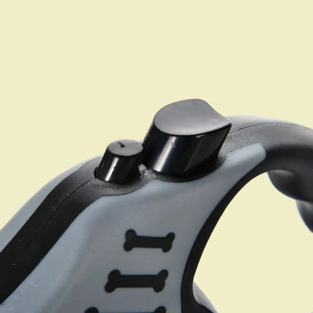 Retractable nylon dog leash handle, gray and black with dual control buttons
