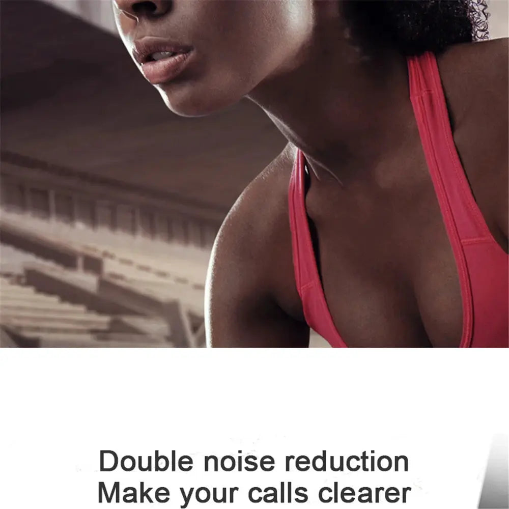 A6S wireless Bluetooth earphones product image featuring a woman in a pink sports top