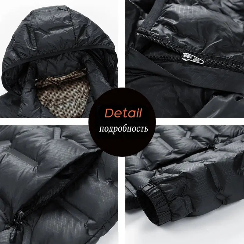 Men's hooded down jacket, dark gray, waterproof windproof puffer with zip closure.