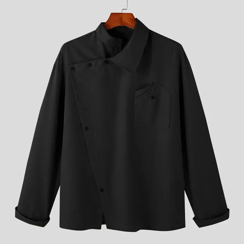 Irregular design buckle-lapel shirt for men with long sleeves, loose fit, black fabric