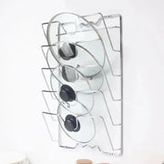 Simples Market five-layer wall-mounted pot lid rack in chrome metal with glass lids.