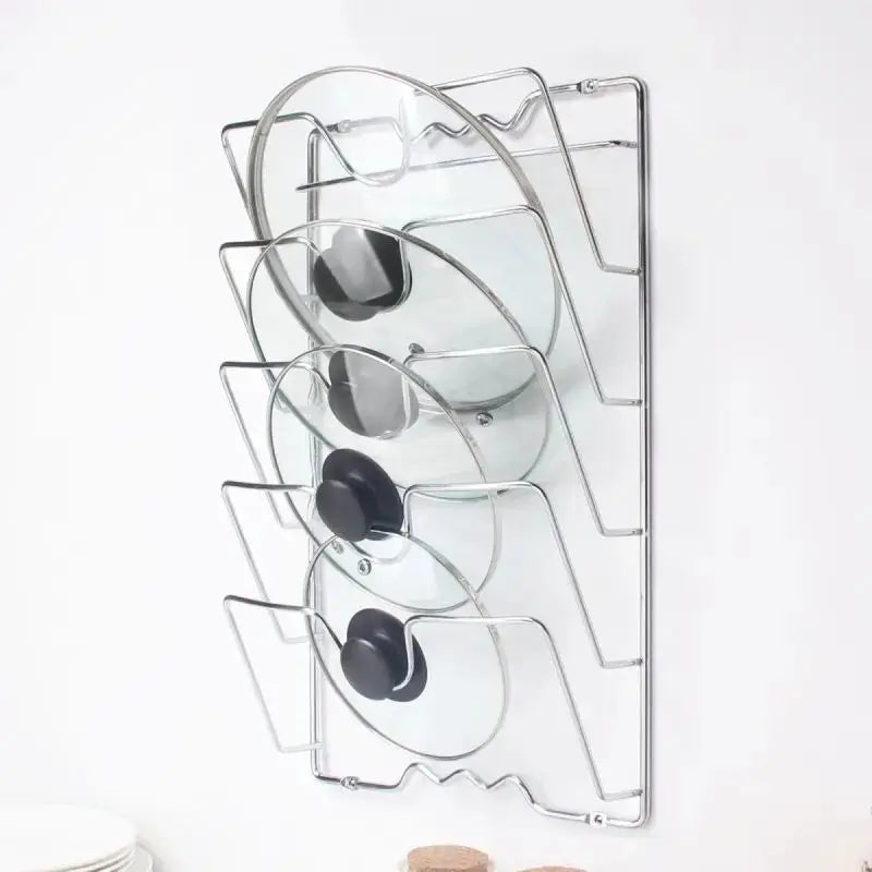 Simples Market five-layer wall-mounted pot lid rack in chrome metal with glass lids.