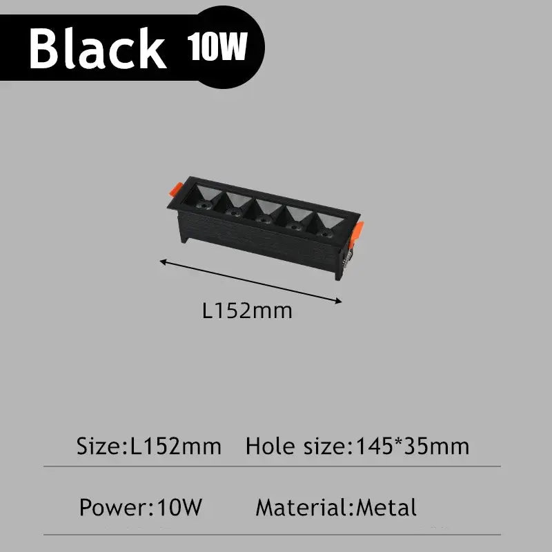 Rectangular black LED recessed downlight by Simples Market, metal grille, 10W, 152mm long