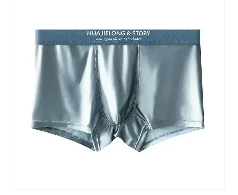Men's satin-like boxer briefs in blue-silver, breathable mesh crotch, HUAJIELONG & STORY waistband