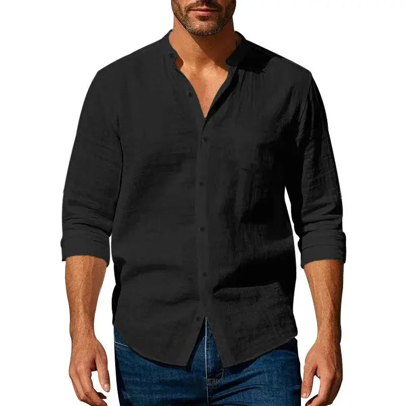 Men's black cotton-linen Henley-neck shirt, lightweight, breathable, slim-fit, long-sleeve button-up