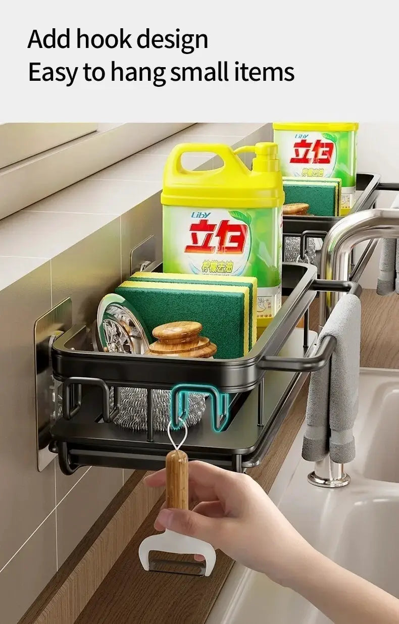 Simples Market kitchen shelf and drying rack with no-drill wall mount, black metal holds two detergent bottles and sponge