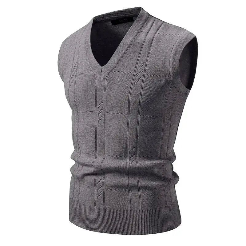 Men's sleeveless gray V-neck knit vest from Simples Market with twist knit pattern.
